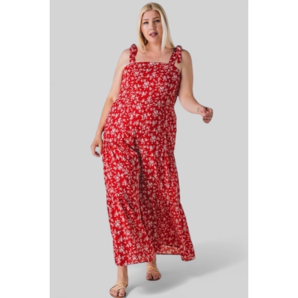 Davi & Dani Red Floral Print Wide Leg Jumpsuit - Picture 8 of 9
